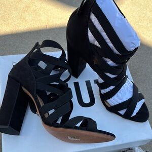 SCHUTZ Black Strappy Block Heel Sandals